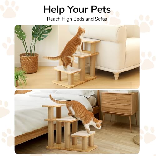 FUKUMARU Dog Stairs, Solid Wood Pet Stairs with Cat Scratching Post | Transformable Cat Step Hold Up to 200 lbs, 20" Pet Ramp for Dogs and Cats to Climb High Bed and Couch, Over 6 Combinations - color: Beige