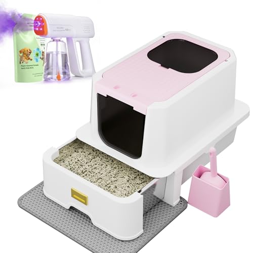 RIZZARI Pink Cat Litter Box: Covered Top Entry with Drawer & Spray | Pull-Out Drawer / Built-In Deodorizer Spray / Top Entry Reduces Mess / Spacious for Large Cats / Pink Blends with Home Decor - color: Light Pink with gun