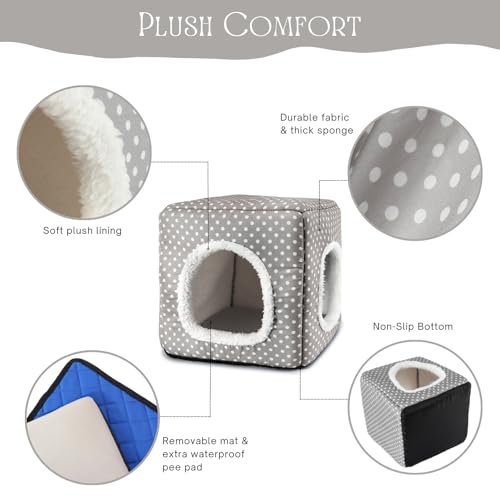 Guinea Pig Hideout with 2 Removable Mat, Two Entrances, Dwarf Rabbit Bed, Washable Bunny House, Small Pet Accessories Gray Dot - color: Grey