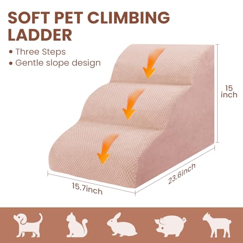 Dog Stairs for Small Dogs, 3 Tiers High Density Foam Dog Ramp, Extra Wide Non-Slip Pet Steps for High Beds Or Couch, Soft Foam Doggie Ladder for Dogs Injured, Older Pets, Small Cats - color: Pink, size: 3 Steps