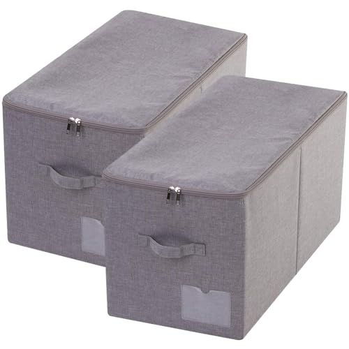 2pcs 60L Large Folding Fabric Blanket Storage Organizer Boxes with Zip Lid | 22"X13"X12.6", label pocket, folding, dustproof, save space, stackable, high-density plastic board,rigid storage bins - color: Dark Gray