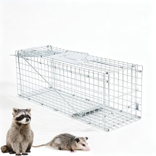Live Animal (Under 4.4 lbs) Cage Trap, Collapsible Humane Animal Trap for Small Raccoons, Galvanized Steel Small Animal Trap Cage for Rabbit,Stray Cat,Chipmunk,Mole,Gopher,Foxes，24x7.1x8.2inches