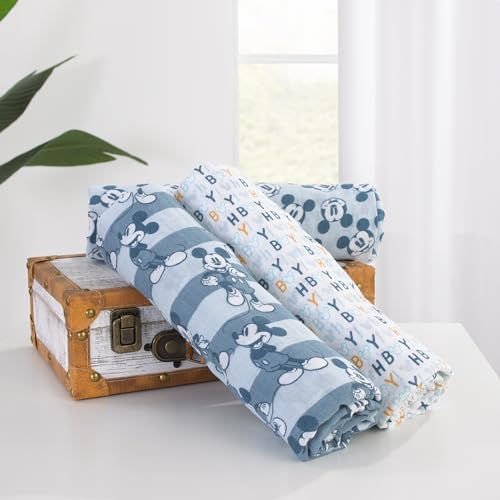 Disney Mickey Mouse 3 Piece Muslin Swaddle Baby Blanket Set - color: Mickey Mouse Gray, Charcoal, and White