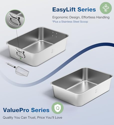 Qiuma Stainless Steel Cat Litter Box, Metal Kitty Litter Box for Small Cats, Non-Stick, Easy to Clean, Odor-Free, 15.6"×11.6"×3.9", Low Entry for Kittens, Rabbits & Small Breeds - size: 15.6"L×11.6"W×3.9"H, style: ValuePro Series（No Handle）