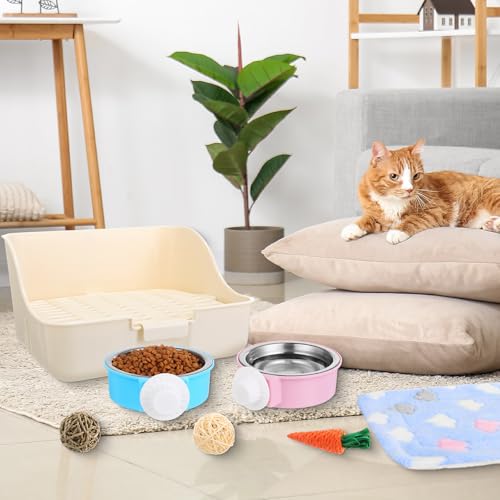 Reallnaive 15 Pcs Rabbit Starter Kit Small Rabbit Litter Box Girls Gift Animal Grooming Kit Bunny Toys Bowl Blankets with Cleaning Set for Guinea Pig Accessories(Green) - color: Green