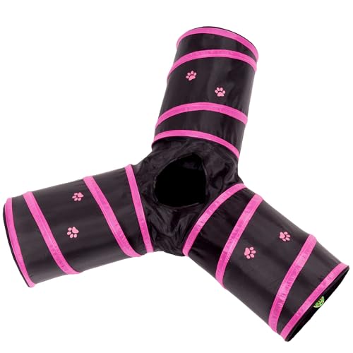 Cat Tunnel - Collapsible 3 Way Play Toy - Interactive Tube Toys for Rabbits, Kittens, and Dogs - Black/Pink - color: Pink