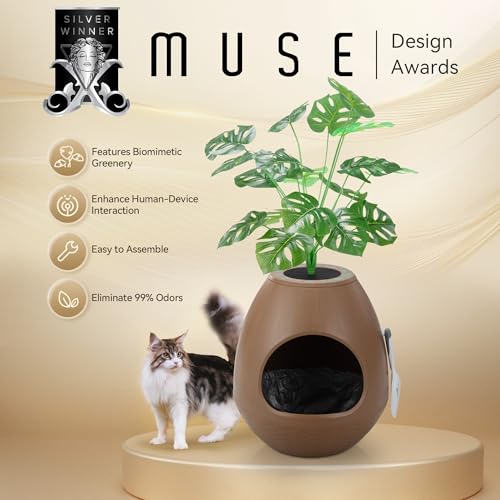 Eggloa6 Hidden Cat Litter Box with Artificial Plants ＆ Odor Removal System, Egg-Shaped Enclosure Includes Scoop ＆3PCS Liners Secret, Discreet Furniture, DIY Assembly Cat Litter Box Cabinet (Brown) - color: Brown
