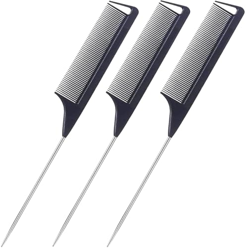 3 Pack Rat Tail Comb, 9.5 Inch Fine Tooth Pintail Comb with Stainless Steel Tail, Professional Hair Parting Comb for Styling, Sectioning, Teasing, Highlighting, Salon Barber Comb
