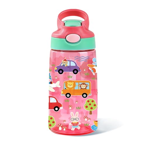 Kids Plastic Water Bottle - Cute Water Bottle for Kids, 14oz Plastic Water Bottles with Straw Lid, Leakproof BPA-Free Cute Animals Water Bottles for Home Sports Travel, Pop-Up Straw Cover, Pink - color: Fun Animals