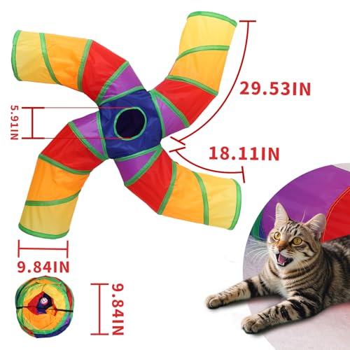 Pet Cat Tunnel, 4 Way Tunnels for Indoor Cats, Collapsible Pet Tunnel for Kitten, Puppy, Rabbit, 25cm-Wide Tunnels, Durable & Breathable, with Peek Hole Toy Ball - color: Angled 4-way Junction Tunnel & Rainbow