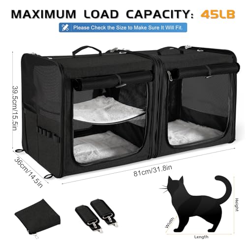 Extra Large Cat Carrier for 2 Cats with Travel Litter Box, 2-in-1 Foldable Soft Pet Car Travel Carrier with Zipper Locks for Multiple Cats Small Dogs Up to 45 Lbs, Black - color: Black