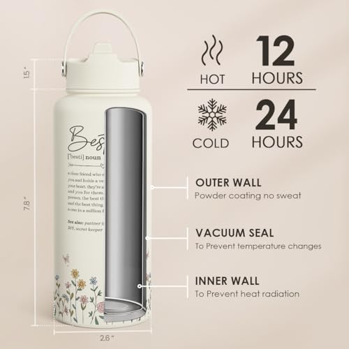 Best Friend Water Bottle 32oz Stainless Steel with Lid & Straw, Bestie Insulated Bottles for Women Girls Female Friends Sisters, Gifts Ideas for Birthday Christmas - color: Best Friend