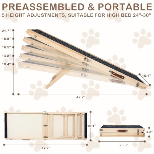 Folding Dog Ramp Safety for Bed, Wooden 5 Adjustable Height Pet Ramps, Potable Dog Steps with Non-Slip Traction Mat, Dog Step, Dogs Stairs for SUV Car, Couch, Safe,Height Bed(47.3 Inch Long) - size: 47.3 Inch Long