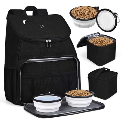 BAGLHER丨Dog Travel Bag, Airline Approved Pet Supplies Backpack, Dog Travel Backpack Accessories Set with 2 Silicone Collapsible Bowls and 2 Food Baskets. Black - color: Black-A