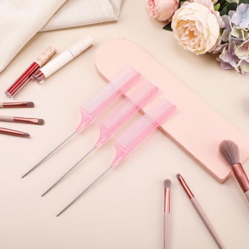 Leinuosen 3 Pack Rat Tail Comb Carbon Fiber,Clear Pink | Steel Pin Tail for Sectioning, Heat Resistant Teasing, Pick Comb for Women Wig Styling, Fishtail Design for Salon Updos - color: Clear Pink