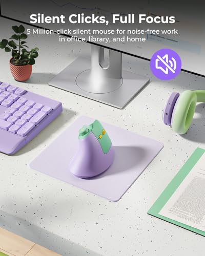 seenda MOU-302 Wireless Bluetooth Ergonomic Vertical Mouse with Volume Knob | Rechargeable 3-device mice for small/medium hands with quiet clicks, 1000/1600/2400 DPI for PC, laptop, MacBook, Green Purple - color: Green Purple