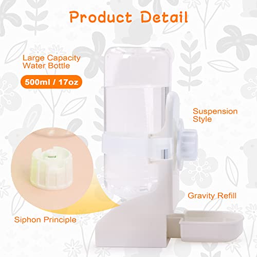 Rabbit Water Bottle Suspension Water Dispenser for Mini Pet Bunny Guinea Pig Chinchilla, 500ml Automatic Water Bottle by Gravity Flow Supply, Prevent Overflow, BPA Free (White)