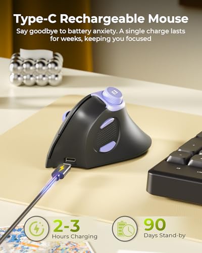 seenda MOU-302 Wireless Bluetooth Ergonomic Vertical Mouse with Volume Knob | Rechargeable 3-device mice for small/medium hands with quiet clicks, 1000/1600/2400 DPI for PC, laptop, MacBook, Black Purple - color: Black Purple