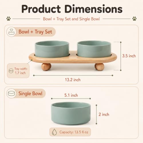 Havniva Raised Cat Bowl 5.1” Elevated Ceramic Cat Food and Water Bowl Set | Cat Bowls Elevated, Whisker Friendly Cat Bowl, Non-Slip Wood Stand, Food-Grade Ceramic, Wide Opening, Dishwasher Safe - color: 2 x Bowl + Stand - Light Green, size: 5.1inch