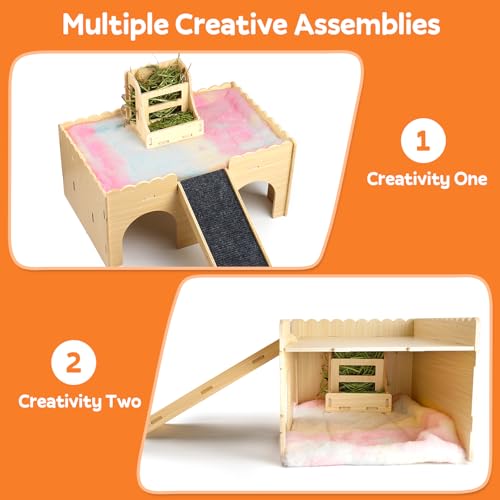 Large Guinea Pig Wooden Hideout with Detachable Snack Hay Feeder, Guinea Pig Castle with Plush Cushion and Ramp - Easy Assembly House for Play, Sleep & Exploration