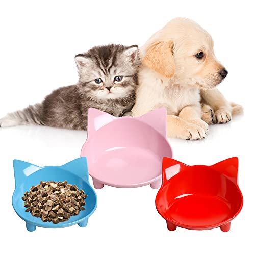 Set of Cat and Dog Bowls - Non Slip, Shallow Food and Water Bowls for Pets (Cats, Dogs, Rabbits, Puppies), Safe Food - Grade to Relieve Whisker Fatigue - color: 3Red+Pink+Blue
