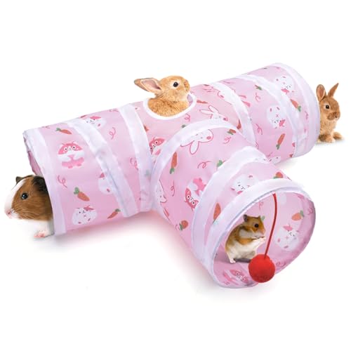 Bissap Rabbit Tunnel, 9.8'' Collapsible Bunny Tunnel and Tube 3 Ways Pet Hideout with 1 Play Ball for Indoor Kittens Dwarf Rabbits Bunnies Guinea Pigs Chinchillas Small Animal Activity Fun Toys (Pink) - color: Pink, size: Large