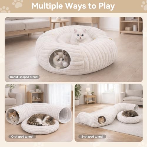 Dogpals Cat Tunnel Bed Cave 33" Lx10 Wx10 H for Indoor Cats (White) | Washable Cozy Cushion, Soft Striped Plush Fabric, Hideaway Peekaboo Cave for Kittens, Puppies, Rabbits & Small Pets - color: White
