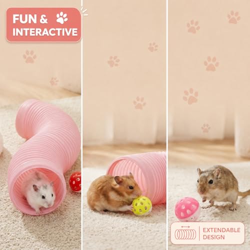 Hamster Collapsible Tunnel Tube Toys with 4 Bell Balls, Expandable Small Animal Hideout Exercise Toy 7.8inch Unextended 32.7inch Extended for Guinea Pig Gerbil Rat Ferret (Pink) - color: Pink