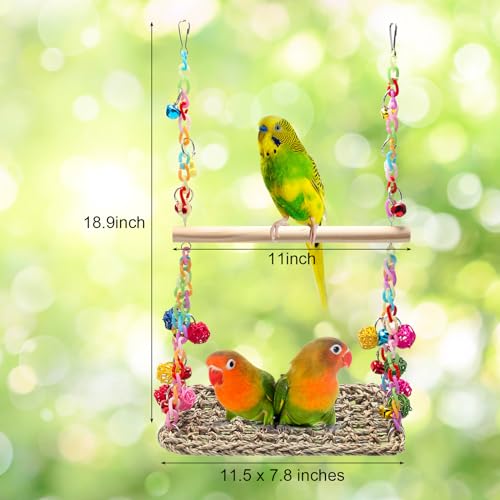 Bird Swing Toys Coolrunner Bird Hammock Bed Hanging Swing Nest Cotton | Weave Hemp Rope Bird Seagrass Swing Toys with Colorful Bells Bird Swing Toys for Parakeets, Budgie, Conure, Cockatiel