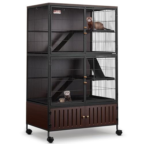 HABUTWAY 60''H Metal Large Ferret Cage, Rolling Chinchilla Cage with Removable Ramps& Double Door, with Locker, Small Animal Cage, Rat Indoor Wooden Pet Crate Furniture - color: Dark Brown, size: 36.5"L x 23.0"W x 60.0"H