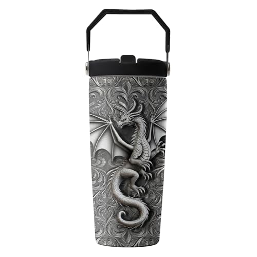 Dragon 28 oz Tumbler, with Handle Lid Straw, Stainless Steel Cup | 28oz Insulated Tumbler, Travel Leak Proof Water Bottle, Thanksgiving Christmas Birthday Gift for Men Brother Dad Dragon Lover - color: Dragon