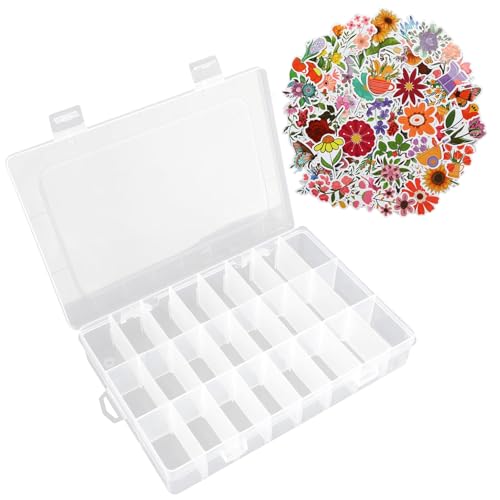 OALCQ Plastic Organizer Box with Dividers, 100 PCS Floral Stickers, 24 Grid Small Parts Storage Container for Beads & Craft, Clear Tackle Case for Screws Jewelry Accessories - style: floral