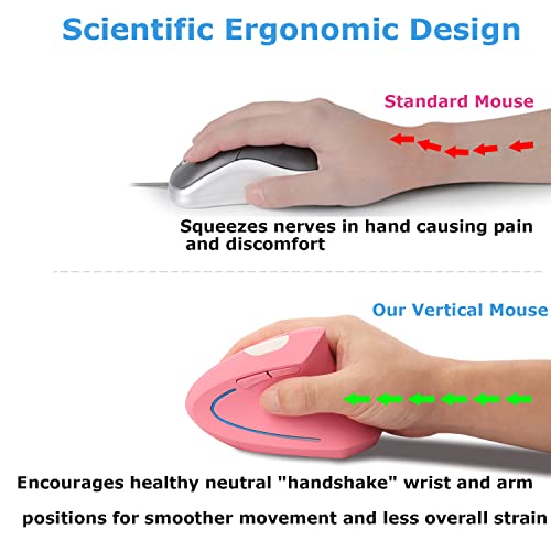 Wireless Mouse Ergonomic Vertical Ergo High Presion Optical Lightweight Cordless LED Light Large Cute Wireless Mouse for Laptop Computer Mac Office Girl Boy Adults Gift , 800/1200/1600 DPI, 6 Buttons - color: Pink