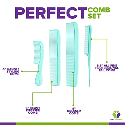 Mars Wellness 4 Piece Professional Green Comb Set for Women, Men -USA MADE | Rat tail, dresser & styling combs for teasing, parting, backcombing & sectioning. Premium grade, barber quality, Green - color: Green, size: 4 Piece Set