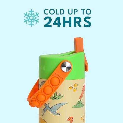 Elemental 100% Leak Proof When Spout is Closed Insulated Kids Water Bottle, Stainless Steel Bottle for School with Straw Lid & Pop-It Handle, Skater Dinos & Green Camo -18oz (2 Pack) - color: Dinos & Green Camo