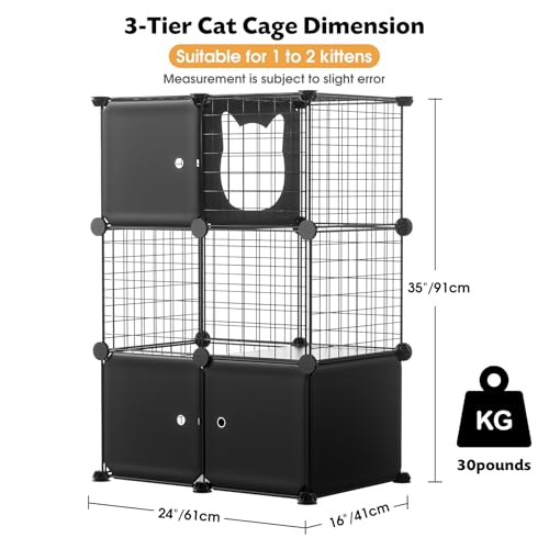 PAWING Cat Enclosure Indoor with Litter Box, 3-Tier Metal Wire Cat Cage, DIY Detachable Design for Cats, Kittens & Small Animals, Multi-Level Kennel - size: 23.6"L x 15.7"W x 35.4"H