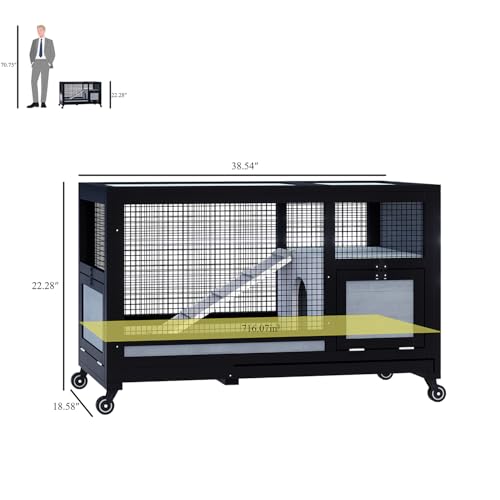Wooden Rabbit Hutch Indoor Outdoor Bunny Cage on Wheels, Mobile Rabbit House with Deep No-Leak Pull Out Tray, Ramp & Hideout, Large Wooden Small Animal Habitat for Guinea Pigs, Chinchillas (Black)