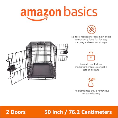 Amazon Basics Portable, Foldable Metal Wire Dog Crate with Removable Tray, Double Door, Divider Panel, Easy to Assemble, 30 x 19 x 21 in, Black - size: 30.0"L x 19.0"W x 21.0"H, style: Double Door w/ Divider