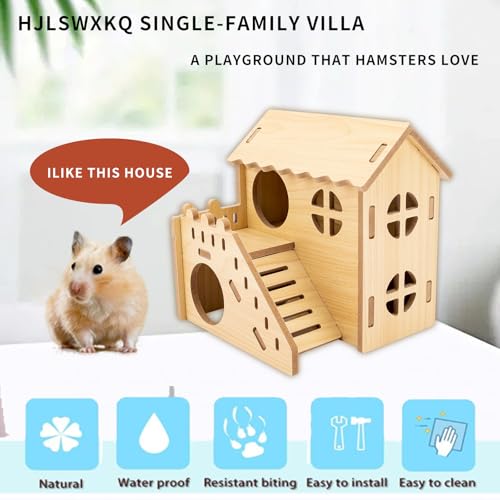 Natural Wood Hamster Habitat Hideout Cage Accessories, Maze Cabin with Fun Slide & Double-Decker House, Exercise Toys for Dwarf Hamsters, Gerbils, Mice, Other Small Animals(Only for Small Hamster E)