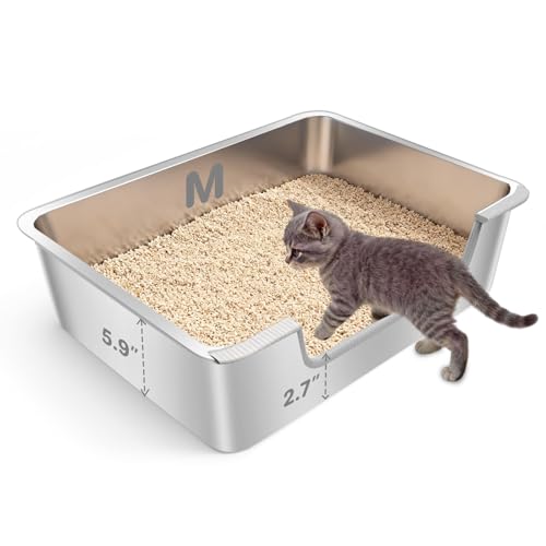 Low Entry Litter Box for Senior or Disabled & Injured Cats, Stainless Steel High Sided Enclosed Easy Step in Entry-Metal Kitty Litter Box for Kittens, Odor Control (17.7"x13.8"x5.9") - size: M-17.7"x13.8"x5.9"