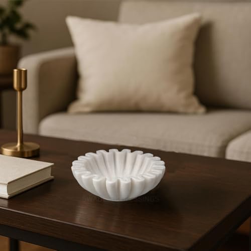 SWADESHI BLESSINGS Handcrafted Marble Ruffle Bowl for Home Decor, 7" | 100% Real White Marble, Catch-all Scalloped Fluted Decorative Bowl for Ring Dish, Fruit Bowl, Coffee&Dining Table, Gift-Ready - size: 7 Inches