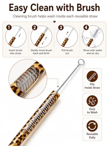 10PCS Set Leopard Straw Cheetah Animal Straws Hard Plastic Reusable Straw and Cleaning Brush Heart Silicone Straw Toppers with Leopard Print Summer Party Supplies (Mixed colors) - color: Mixed colors