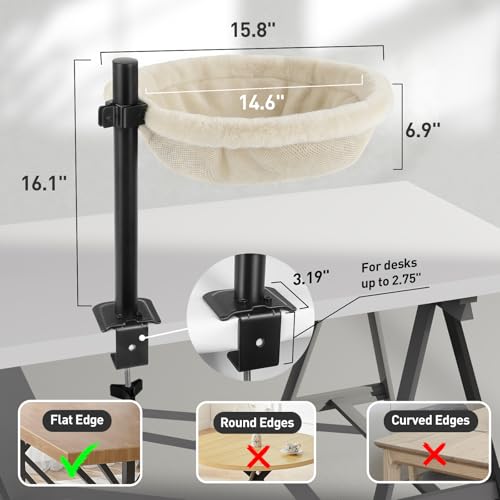 Cat Desk Bed, Reversible Cat Hammock for Desk Use, Clamp-On Metal, Cream | 360 Rotating, Height Adjustable, Supports up to 45lbs, Machine Washable, Large Cats & Kittens, Indoor, Office & Game Tables - color: White