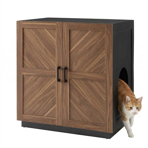 unipaws Tall Cat Litter Box Enclosure for Tall or Top Entry Litter Box | Hidden Litter Box Cover with Shelves, Kitty Enclosed Litter Box Cabinet, Cat Box Furniture - color: Walnut and Black