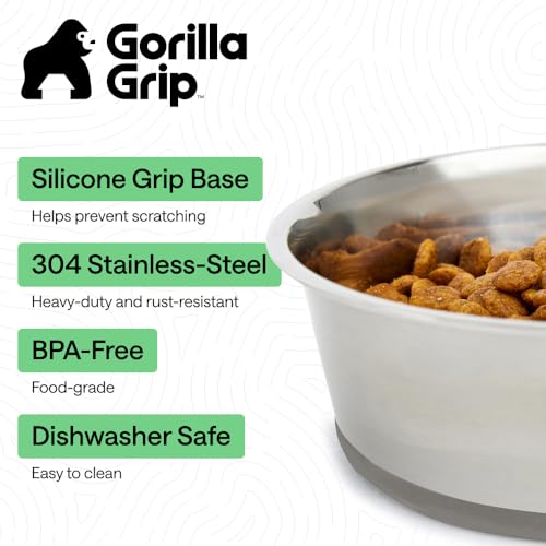 GORILLA GRIP Dog Bowl, Holds 6 Cups (48 fl oz), Food Grade 304 Stainless Steel Food and Water Bowl for Feeding Dogs and Cats, BPA Free Rubber Base, Easy Clean, Dishwasher Safe, Rust Resistant, Gray - color: Gray, size: 6 Cup (48 Oz)