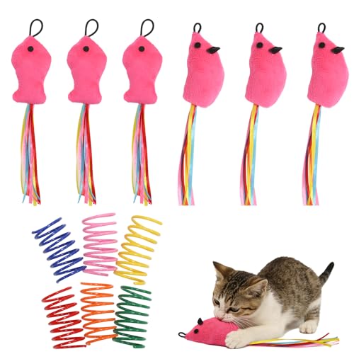 6 Pcs Cat Toys Catnip Interactive Fish and Mice Catnip Toys Plush Filled Pink Cats Toy Accessories with Ribbons for Indoor Cats Play&Chew Exercise with 6 Pcs Cat Springs - color: Fish&Mice