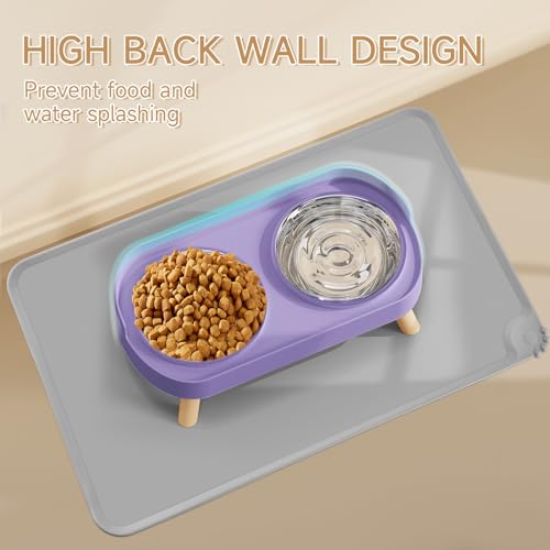 Elevated Cat Bowl with Food Mat, Raised Cat Food and Water Bowl Set for Indoor Cats, Splash Proof with 2 Stainless Steel Pet Food Bowls for Cat and Puppies,Whisker Fatigue and Dishwasher Safe (Purple) - color: Cat Bowls with mat - purple