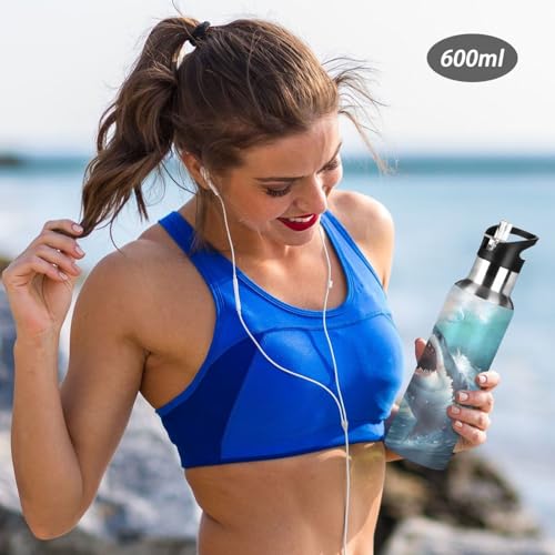 Shark Kids Water Bottles, Ocean Sea Wave Insulated Sports Vacuum Stainless Steel Mug with Straw Lid & Handle 20 oz - color: B10