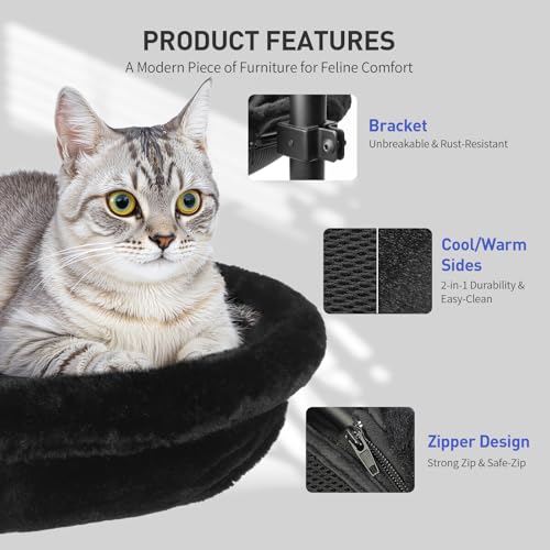 Cat Desk Bed, Reversible Cat Hammock for Desk Use, Clamp-On Metal, Black | 360 Rotating, Height Adjustable, Supports up to 45lbs, Machine Washable, Large Cats & Kittens, Indoor, Office & Game Tables - color: Black