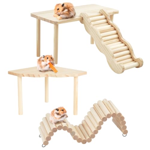4 Pcs/Set Wooden Hamster Platform Hideout with Tunnel Ladder Hamster Toys Set Dwarf Hamsters Accessories Game Climbing Toy for Pets Dwarf Syrian Mice Degus Gerbils Squirrel